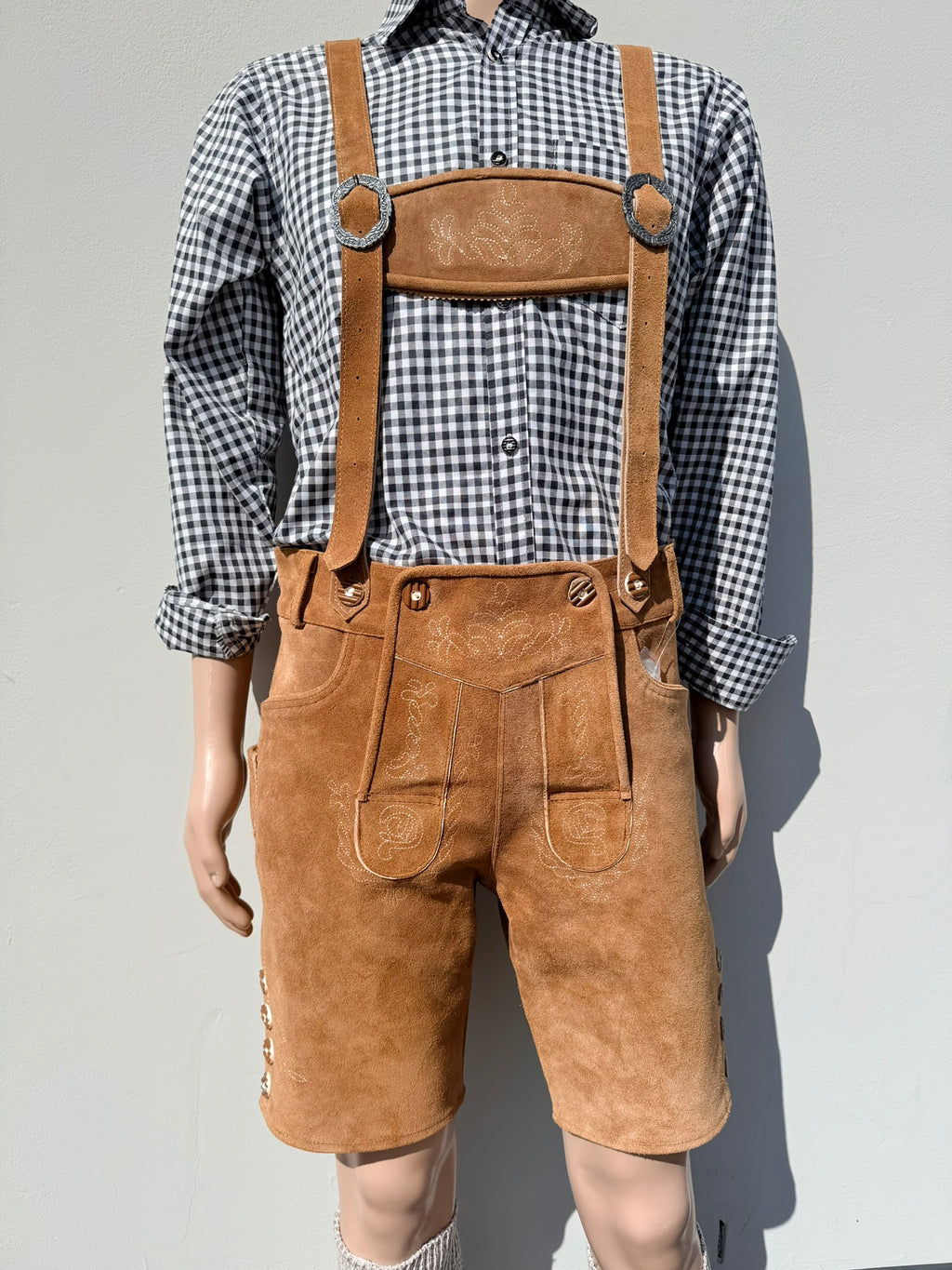 Heren lederhosen maat 48 tm 64 met bretels echt (rund)leer! (cognac)
